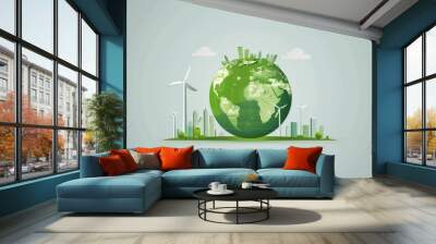 Green environment, green earth with windmills and city buildings, world  earth day and sustainable development banner Wall mural