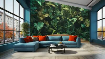 Jungle-themed background podium with a 3D green wood product platform and pedestal. Features a tropical setting with trees, leaves, and a summer forest ambiance  Wall mural