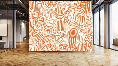 orange and white line drawing, repeating pattern of doodles  Wall mural