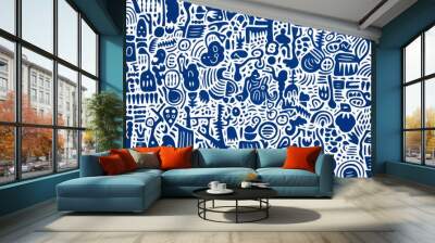 Seamless blue and white pattern featuring simple line drawings of small shapes Wall mural