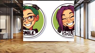 Set of Two Round Cartoon Stickers Featuring 