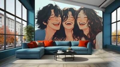 Three friends smiling and laughing together in colorful pajamas, illustrated in anime style. Wall mural