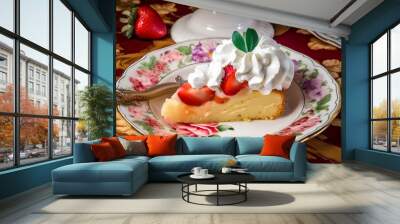 Strawberry cake with whipped cream and fresh strawberries on a plate Wall mural