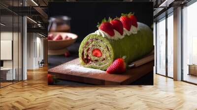 Strawberry roll cake with cream and fresh strawberries on dark background Wall mural