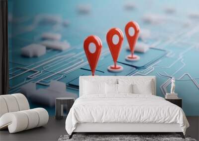 3D Map with Red Pins on Blue Background Wall mural