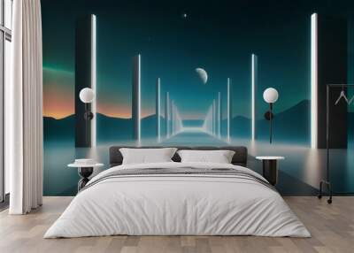 A bridge made of light beams stretching across a starry sky Wall mural