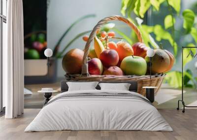 A charming fruit basket with a beautiful assortment of fruits, placed near a computer on a desk, sunlit by nearby windows, encourages a healthy work-life balance. Wall mural