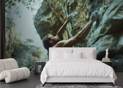 A climber ascends a rugged rock face under a clear sky, gripping the stone with determination. Wall mural