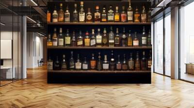 A collection of rare whisky miniatures, each with a distinct label, displayed on a vintage wooden shelf. Wall mural