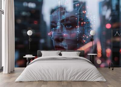 A digital face blends with an urban nightscape, showcasing a fusion of technology and emotion. Wall mural