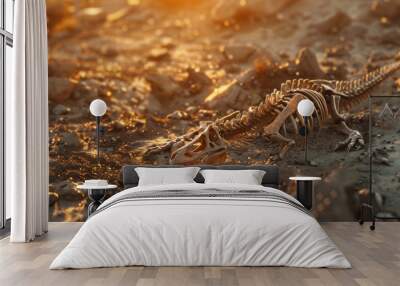 A dinosaur skeleton lies in rugged terrain, bathed in the golden hues of the setting sun, evoking a sense of ancient history and mystery. Wall mural