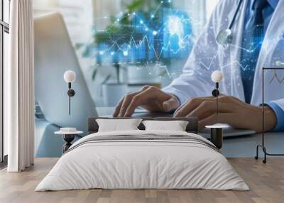 A doctor in a white coat using a laptop with a stock market chart and a digital screen background Wall mural