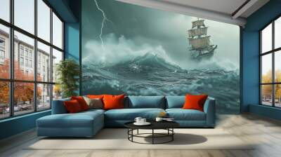 A dramatic seascape featuring a sailing ship battling towering waves and a fierce storm, lightning illuminating the ominous sky. Wall mural