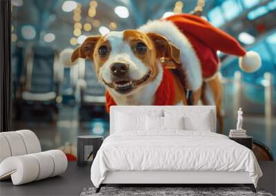 A festive scene unfolds as a cheerful Jack Russell dog prepares for their holiday trip, luggage packed and ready Wall mural