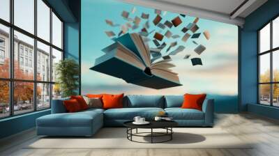 A floating cloud made of books, with different genres and subjects Wall mural