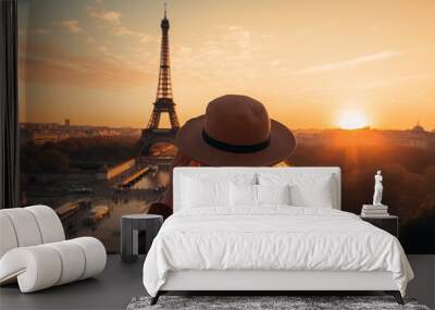 a girl taking a selfie in paris with the eiffel tower . Wall mural