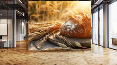 A golden-crusted bread loaf sits on a rustic wooden board amidst golden wheat under warm sunlight, evoking fresh harvest and homely warmth. Wall mural