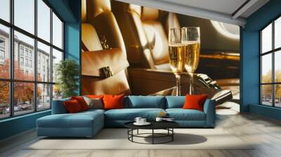 A lavish private jet interior with plush leather seats, a handbag, and champagne glasses, inviting relaxation and indulgence during a flight. Wall mural