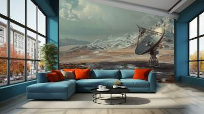 A lone satellite dish stands amidst snow-dusted mountains, reaching out to the vast, stormy sky with determination and strength. Wall mural