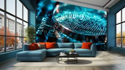 A magnified fingerprint hovers over a digital landscape, emphasizing the precision and complexity of biometric security technology. Wall mural