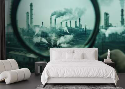 A magnifying glass reveals the intricate details of an industrial landscape, focusing on smoke-filled chimneys and complex production structures. Wall mural