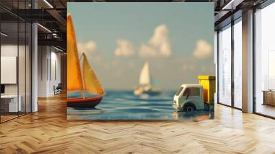 A miniature sailboat and a toy truck sit on a calm, reflective body of water under a sunny sky with scattered clouds. Wall mural