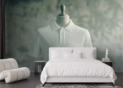 A plain white polo shirt stands elegantly on a mannequin, set against a subtle, textured gray background. Wall mural