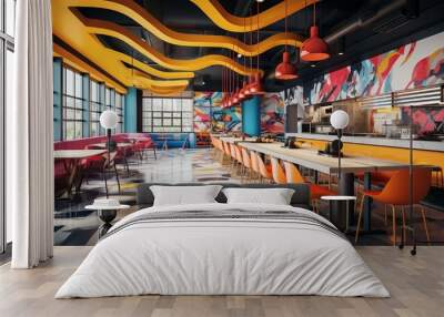 A pop art-inspired cafeteria with bold colored furniture, graphic murals, and an array of colorful pendant lights. Wall mural