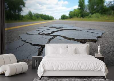 A road with cracks and peeling asphalt, showing signs of severe texture damage on the pavement Wall mural