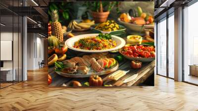 A vibrant assortment of fresh and colorful dishes, fruits, and vegetables beautifully arranged on a table, celebrating the abundance of a bountiful harvest. Wall mural