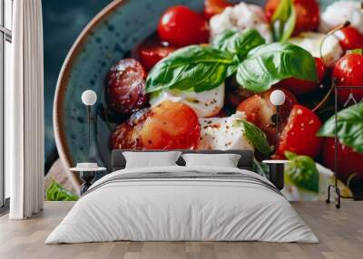 A vibrant bowl of Caprese salad featuring tomatoes, mozzarella, basil, and a drizzle of olive oil, inviting freshness and gourmet delight. Wall mural