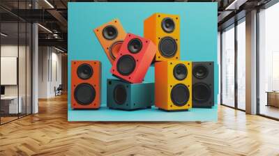 A vibrant collection of colorful speakers stacked playfully against a blue background, creating a dynamic and energetic visual display. Wall mural