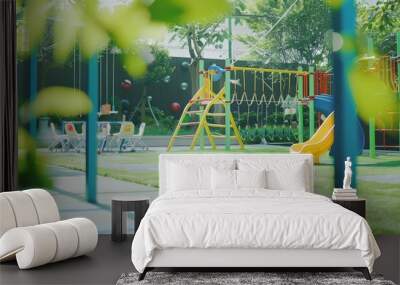 A vibrant playground under a gentle sun, with slides and swings inviting joyful laughter in a lush, green park setting. Wall mural