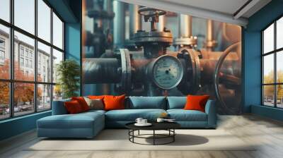 A warm-toned industrial symphony, pressure gauges perched on a maze of aged metal pipes, poised in a mechanical ballet. Wall mural