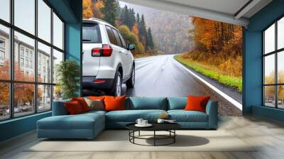 A white SUV car driving on the highway road Wall mural