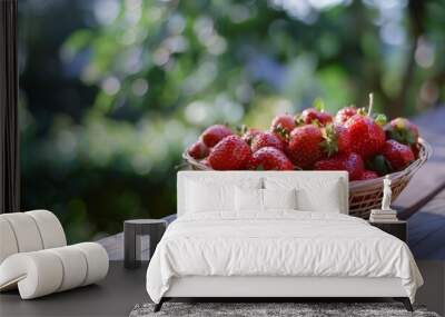 A wicker basket brims with freshly picked strawberries, glowing with vibrant red hues under natural sunlight, set against a lush green garden backdrop. Wall mural