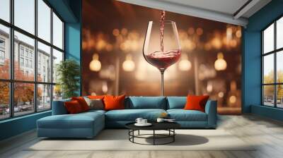 A wine glass tipped over, with the last drop of wine suspended in air, against a backdrop of a blurred wine rack. Wall mural