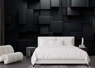 Abstract 3D render of black cubes with varying depths, creating a modern and minimalist texture Wall mural