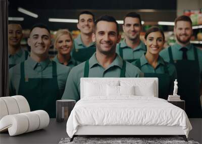 Advertising portrait shot of a happy worker team standing together in a supermarket and they look at the camera. Wall mural