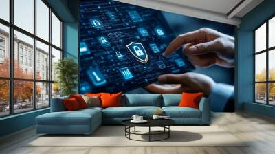 An engineer holding a virtual shield with a padlock and security icons Wall mural