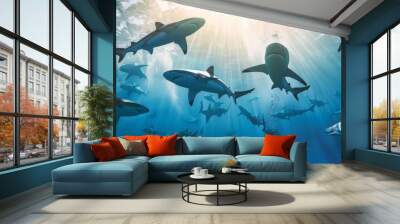 An underwater scene featuring a school of sharks swimming gracefully through sunlit, crystal-clear blue waters. Wall mural