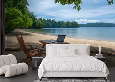 Beachside Remote Work Setup With Laptop And Wooden Furniture Wall mural