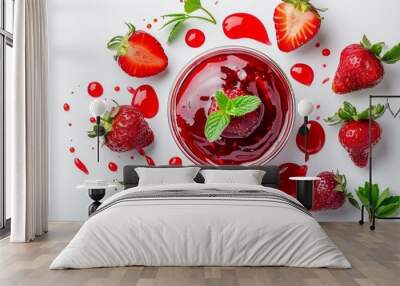 Bowl with delicious strawberry jam and fresh strawberries on a white background. Wall mural