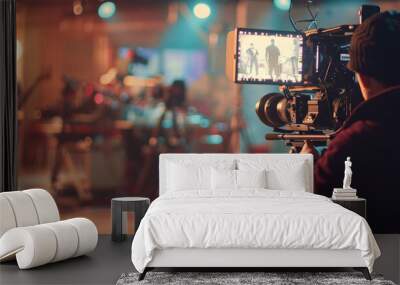 Cinematic behind-the-scenes view of a film crew capturing a night scene on set. Wall mural