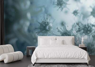 Close-up view of intricate, white, virus-like structures floating in a soft, ethereal blue background, symbolizing microscopic life and complexity. Wall mural