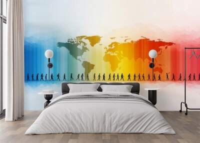 Colorful World Map With Silhouettes Of People Wall mural