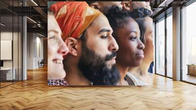 Diverse group of people standing in profile, celebrating unity and multiculturalism. Wall mural