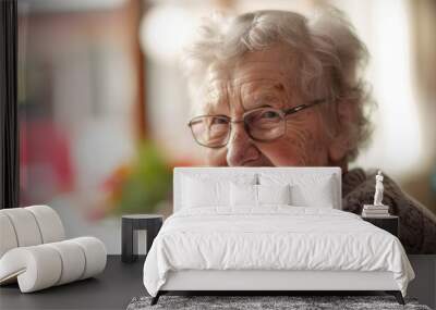 Joyful elderly woman with a beaming smile, sharing a genuine moment of happiness Wall mural