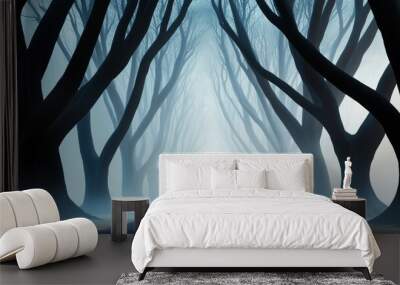 Lonely figure walking through an empty, fog-covered forest with twisted Wall mural