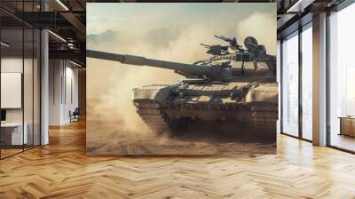 Military tank advances through desert dust under a tense sky. Wall mural